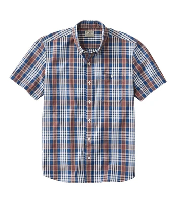 Men's Comfort Stretch® Chambray Shirt, Slightly Fitted Untucked Fit, Short-Sleeve, Plaid