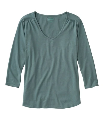Women's Soft Stretch Supima-Blend Tee, Three-Quarter-Sleeve V-Neck