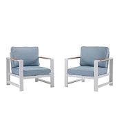 White Aluminum Deep Seating Armchair with Blue Cushions, Set of Two