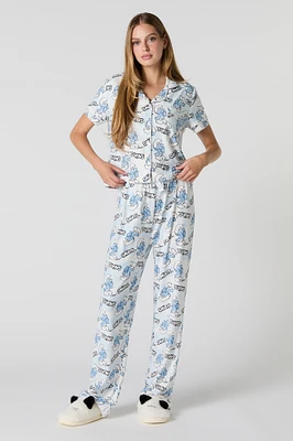 Smurfs Print Button-Up Top & Pant 2 Piece Pajama Set