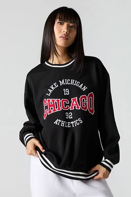 Embroidered Striped Trim Fleece Sweatshirt