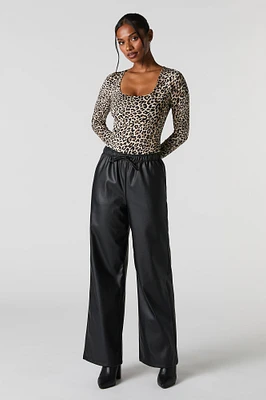 Faux Leather Drawstring Wide Leg Pant