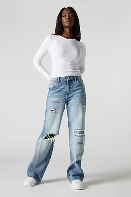 Distressed High Rise Wide Leg Jean