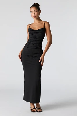 Ruched Cowl Neck Slit Back Maxi Dress