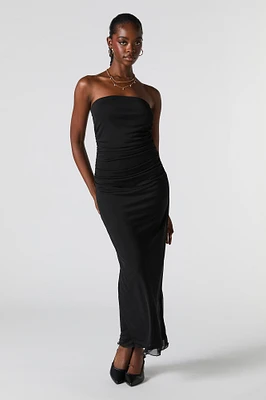 Mesh Ruched Strapless Maxi Dress