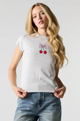 Rhinestone Cherry Bow Fitted T-Shirt