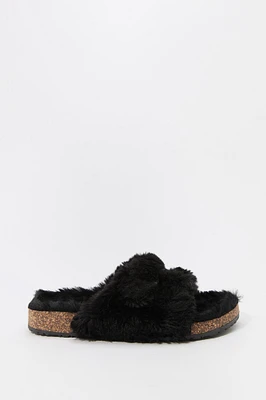 Faux Fur Buckled Cork Slide