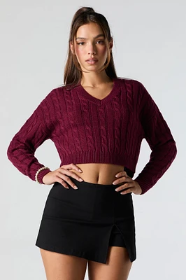 Cable Knit V-Neck Cropped Sweater