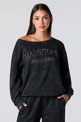 Embroidered Washed Off Shoulder Fleece Sweatshirt