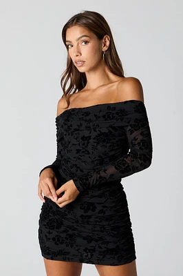 Floral Mesh Off Shoulder Long Sleeve Mini Dress