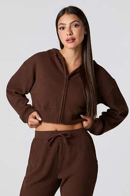 Waffle Knit Cropped Zip-Up Hoodie