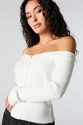 Ribbed Knit Zip-Up Off Shoulder Sweater