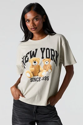 New York Teddy Bear Graphic Washed Boyfriend T-Shirt