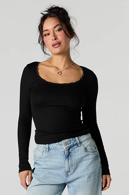 Ribbed Scoop Neck Lace Trim Long Sleeve Top