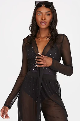 Mesh Tie-Front Long Sleeve Cover-Up Top