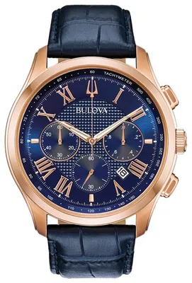 Bulova Men's Rose Gold Blue Dial Blue Leather Strap Classic Watch