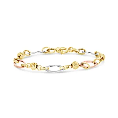 10K Yellow White & Rose Gold Link & Diamond Cut Bracelet