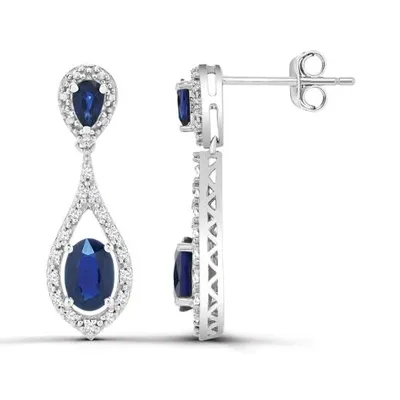 10K White Gold Blue Sapphire and Diamond Dangle Earrings