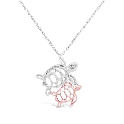 Sterling Silver and Rose Gold Plated Diamond Mother's Love Turtle Pendant
