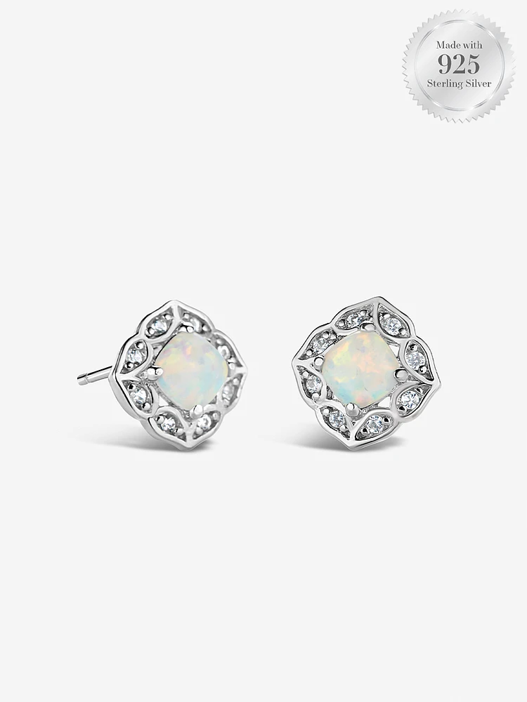 Round Opal Bloom Halo Stud Earrings