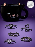 Meow! Black Cat Mug Candle - 925 Sterling Silver Ring Collection