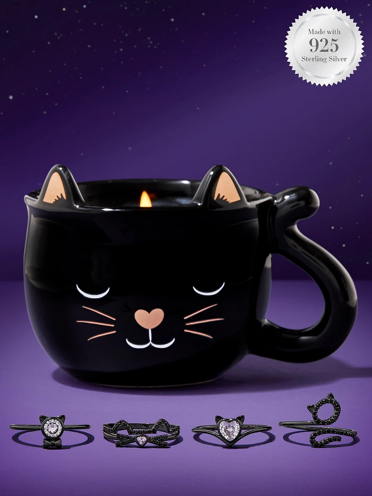 Meow! Black Cat Mug Candle - 925 Sterling Silver Ring Collection