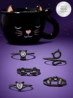 Meow! Black Cat Mug Candle - 925 Sterling Silver Ring Collection