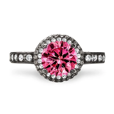 Bold Round Double Halo Lab Created Pink Sapphire Sterling Silver Ring Black Gold