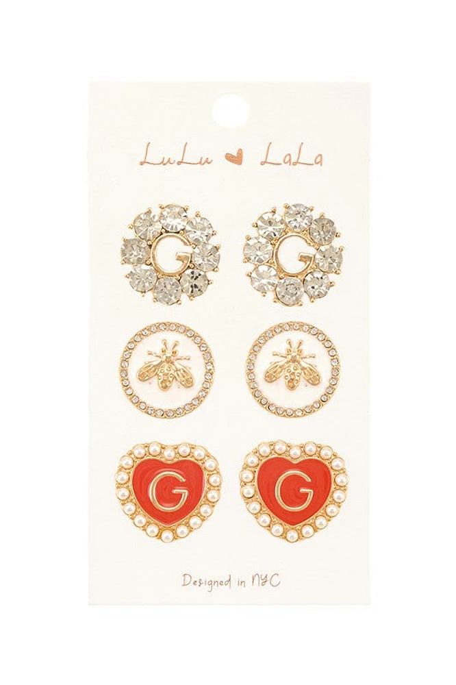 Toni Bee and Heart with Letter G Stud Earrings Set