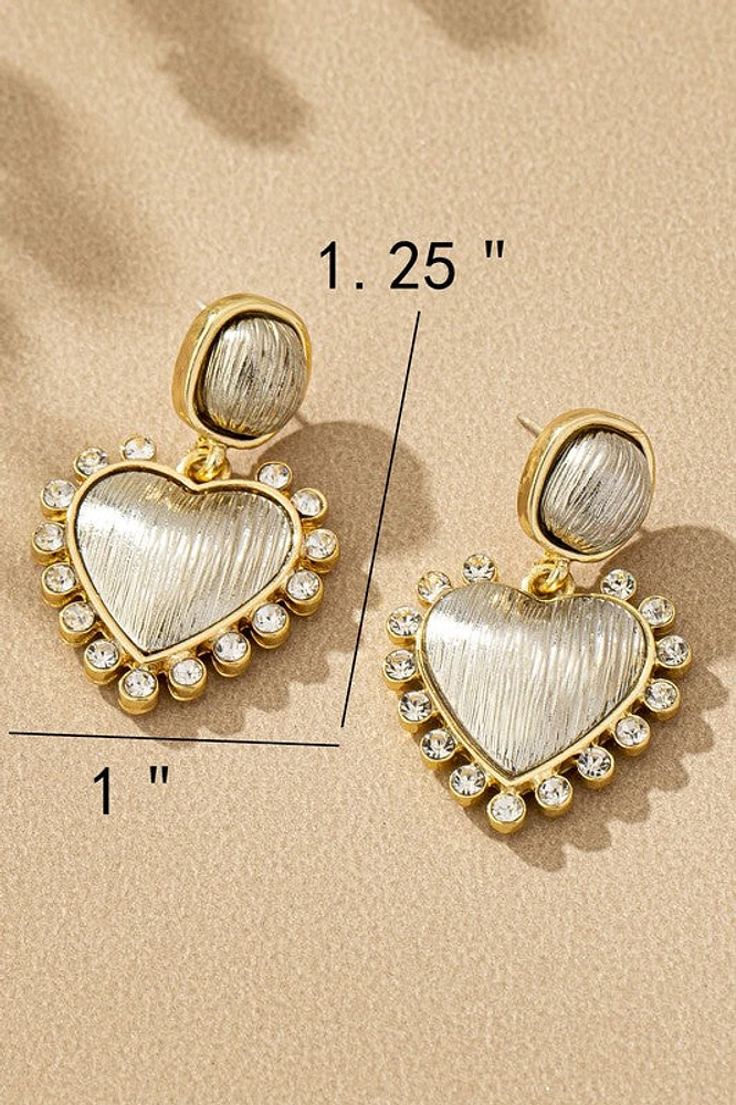 Samara 2 Tone Brushed Heart Earrings with Rhinestones