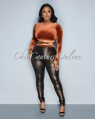 Barnet Brown Velvet Crop Top & Sequins Leggings Set