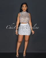 Fantazia Mesh Rhinestones Crop Top & Mini Skirt LUXE Set