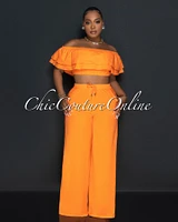 Yuri Orange Ruffle Crop Top & Wide Pants Set