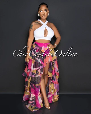 Berti Pink Multi-Color Print Ruffled Tiered Maxi Bodysuit Skirt