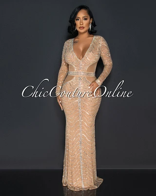 Brookline Nude Mesh Sheer Rhinestones Maxi Dress