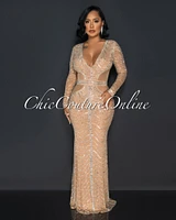 Brookline Nude Mesh Sheer Rhinestones Maxi Dress