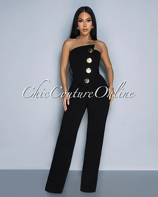 Amiri Black Gold Accent Button Strapless Widelegs Jumpsuit