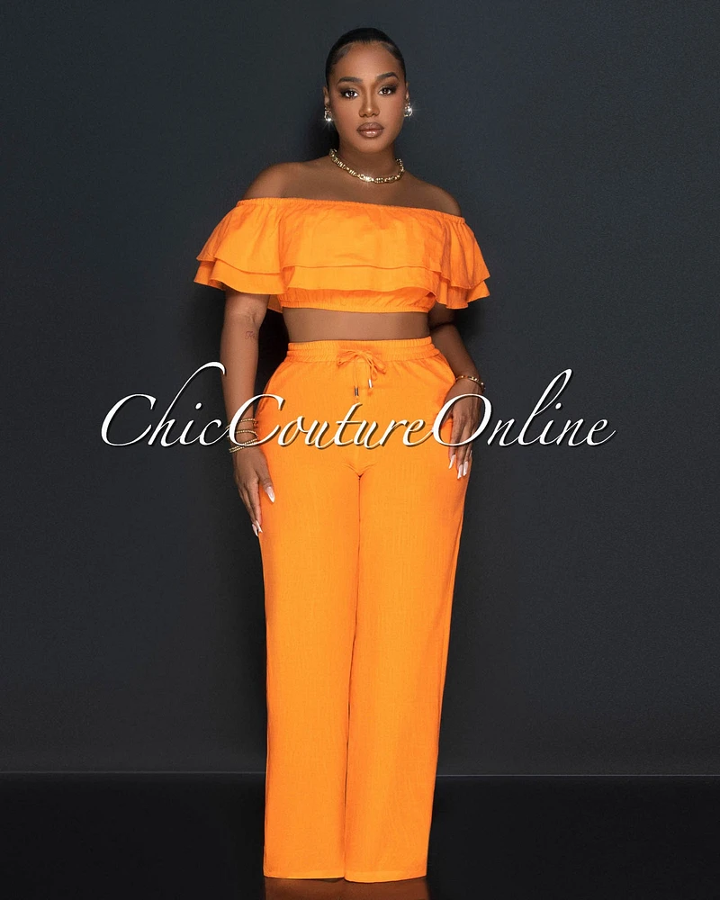 Yuri Orange Ruffle Crop Top & Wide Pants Set