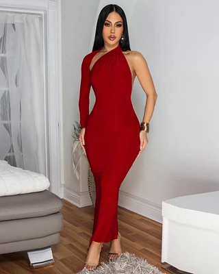 Luna Red One Shoulder Sleeve Open Back Dress