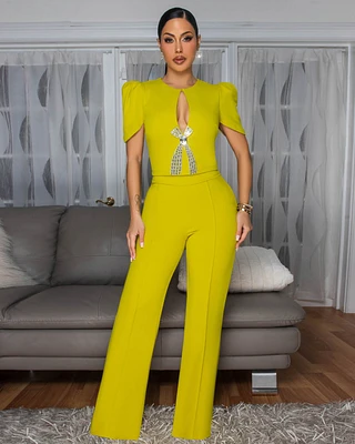 Eleonor Lime Rhinestones Accent Top & Pants Set