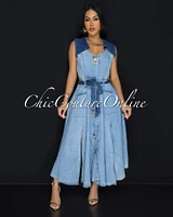 Sidora Light Blue Denim Gold Buttons Midi Dress