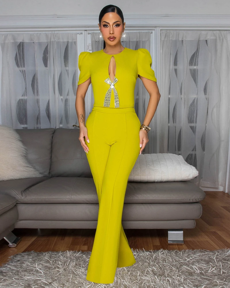 Eleonor Lime Rhinestones Accent Top & Pants Set