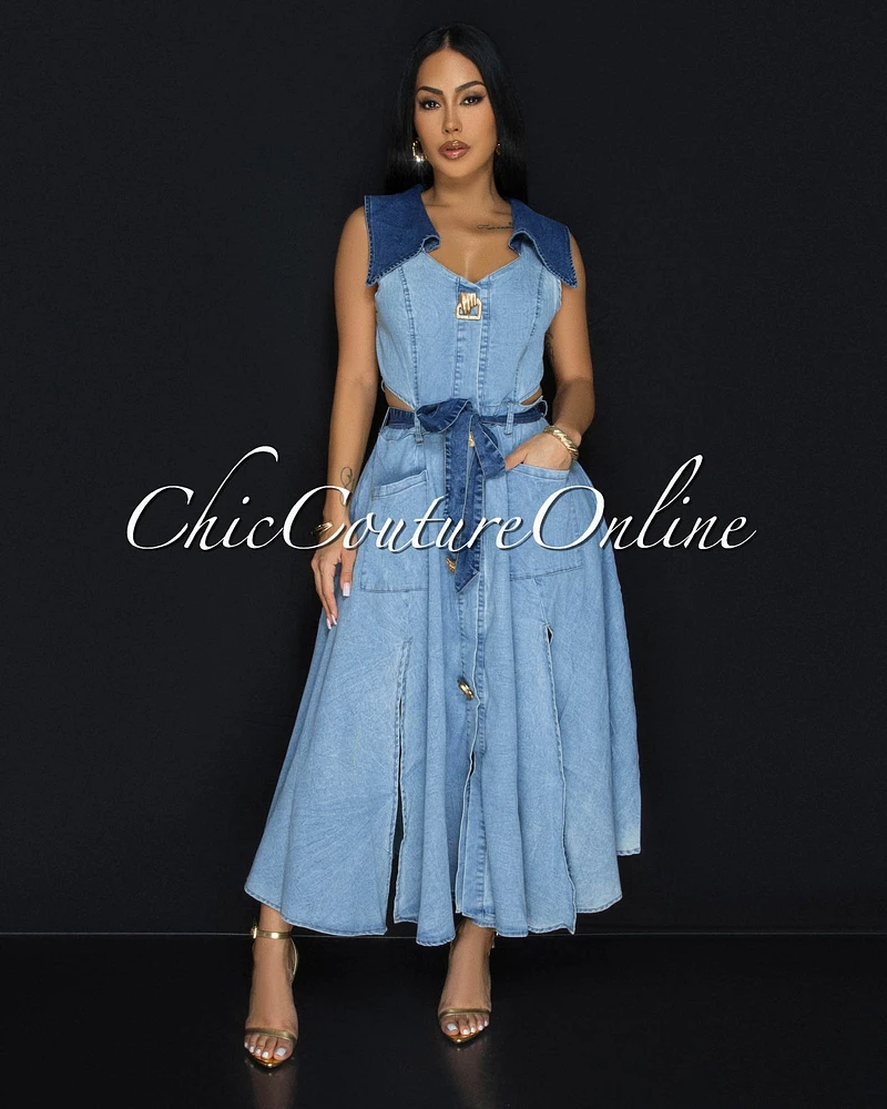 Sidora Light Blue Denim Gold Buttons Midi Dress