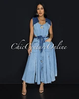 Sidora Light Blue Denim Gold Buttons Midi Dress