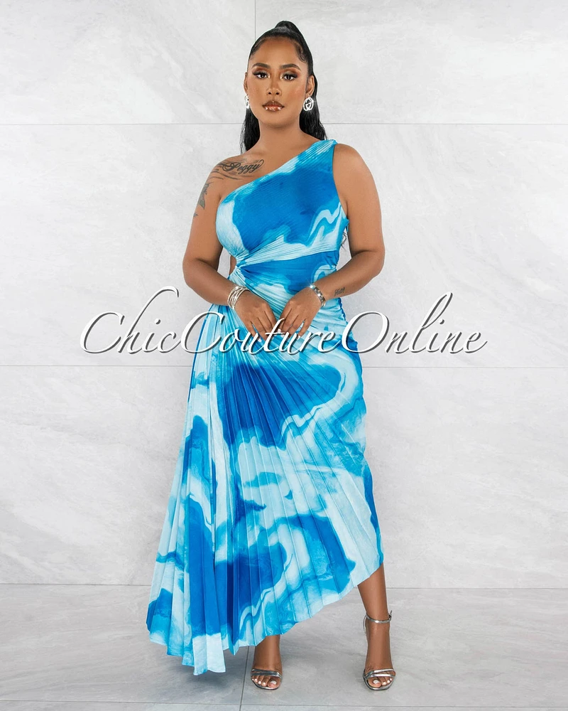 Hilary Blue Print Pleated Single Shoulder Maxi Dress