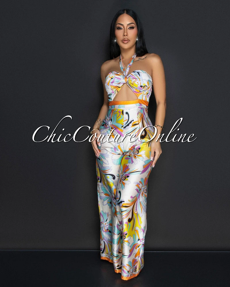 Annika Beige Yellow Multi Halter Wide Legs Jumpsuit