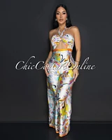 Annika Beige Yellow Multi Halter Wide Legs Jumpsuit