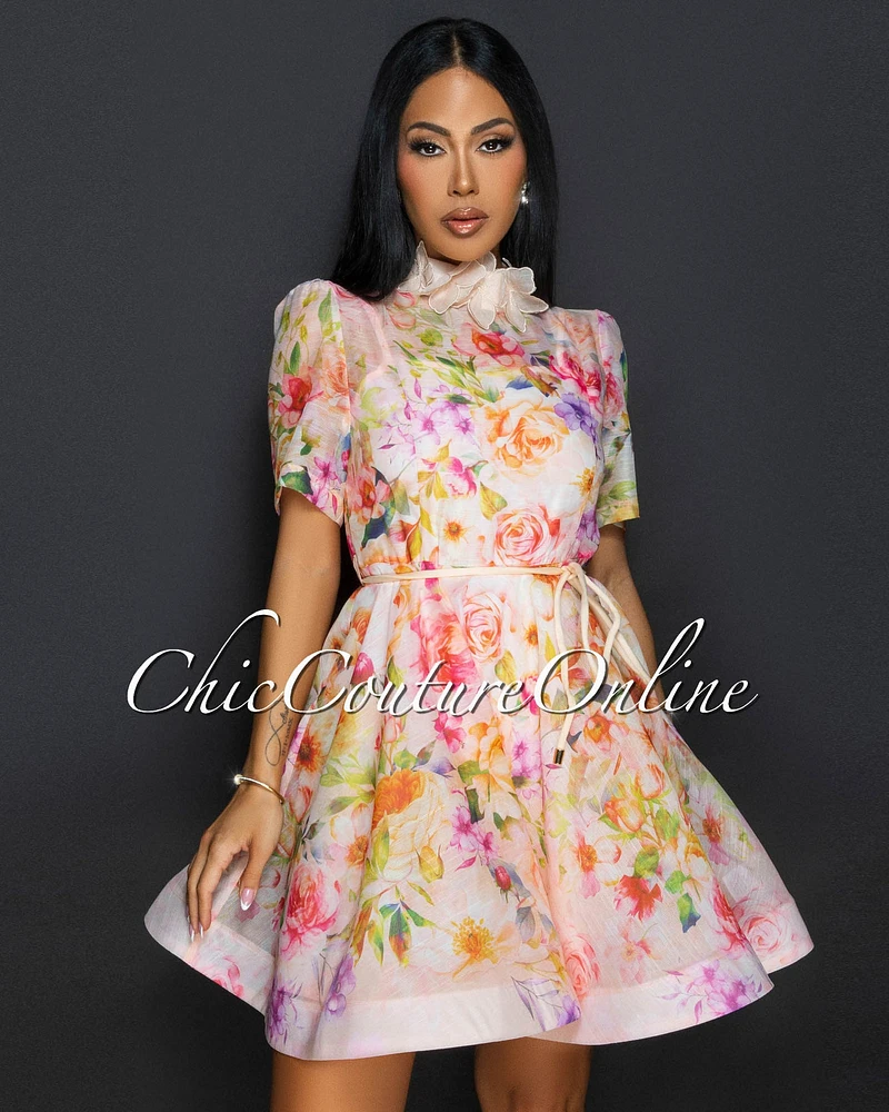 Prina Blush Multi Floral Print Belted Dress