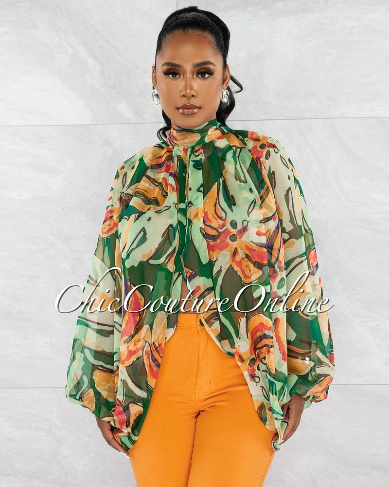 *Malora Multi-Color Print Sheer Flowy Top