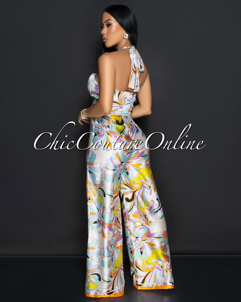 Annika Beige Yellow Multi Halter Wide Legs Jumpsuit